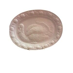 HOME TRENDS Thanksgiving Turkey 18" Oval Serving platter, Embossed, White.